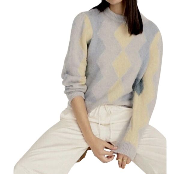 J. Crew Cozy Diamond-Checked Cropped Crew Neck Sweater Blue Plus Size 2X - Picture 1 of 8